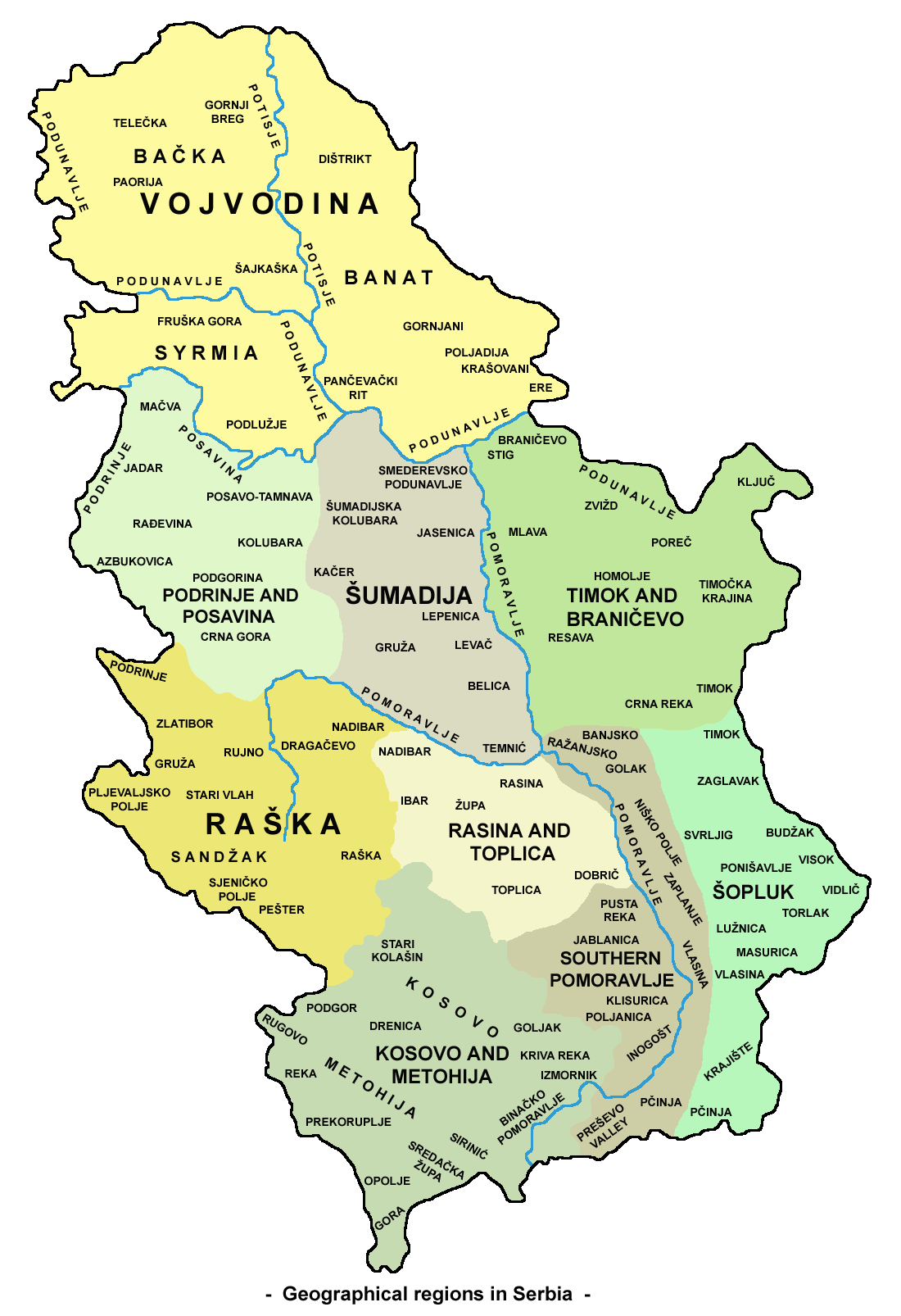 Карта географских области Србије са означеном Рашком облашћу